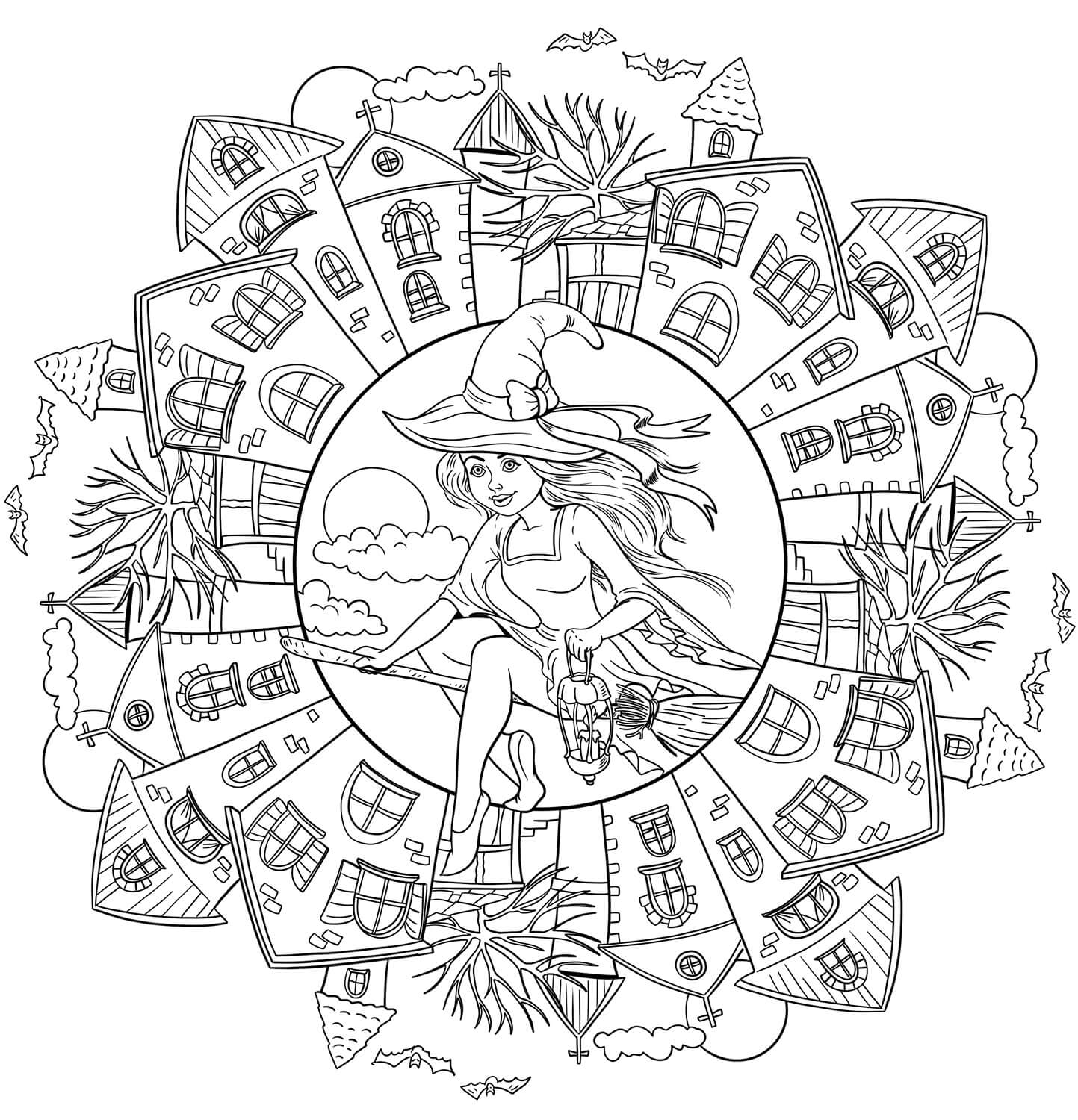 Coloriage Mandala: Sorcière dans le village à Halloween Mandalas