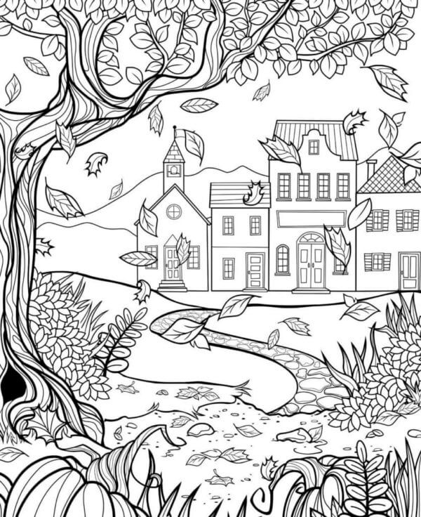 Coloriage Mandala: Ville en automne Mandalas