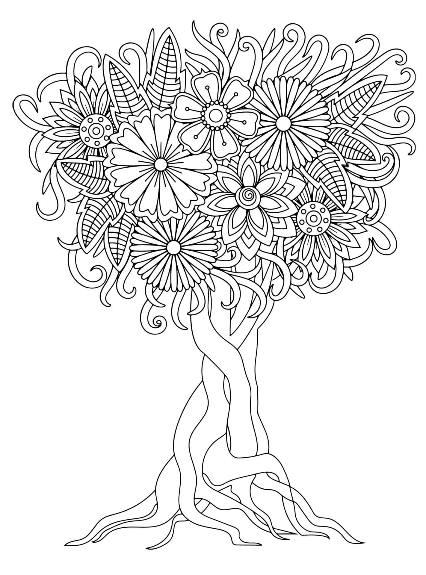 Coloriage Mandala: Arbre avec des fleurs et des feuilles Mandalas
