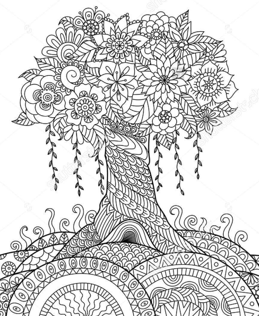 Coloriage Mandala: Arbre avec des fleurs Mandalas