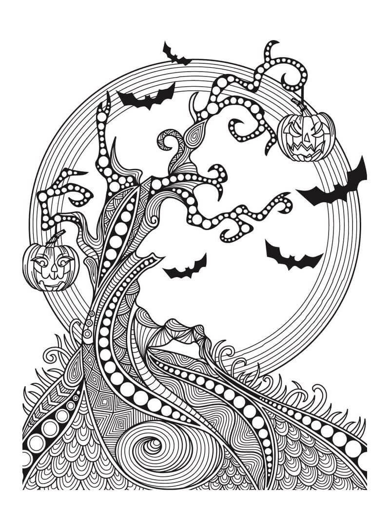 Coloriage Mandala: Arbre effrayant pour Halloween Mandalas
