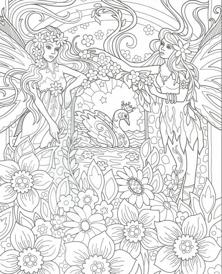 Coloriage Mandala: Deux fées avec des fleurs Mandalas