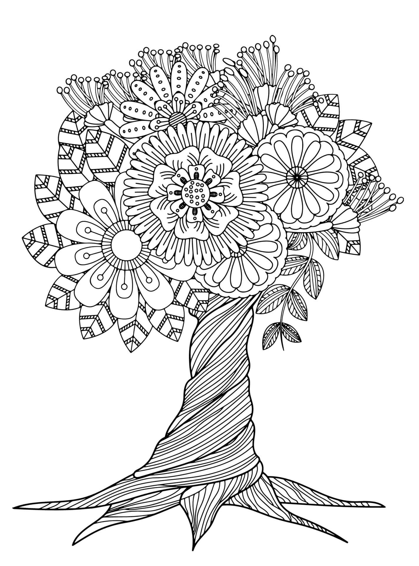 Coloriage Mandala: Magnifique arbre avec des fleurs Mandalas
