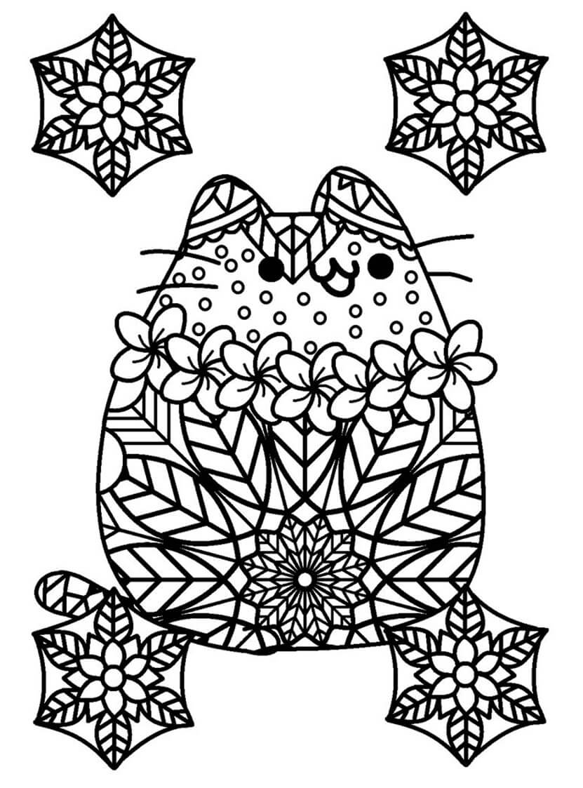 Coloriage Mandala: Pusheen avec un flocon de neige Mandalas