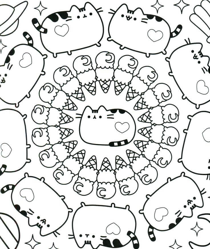 Coloriage Mandala: Pusheen Feuille 4 Mandalas
