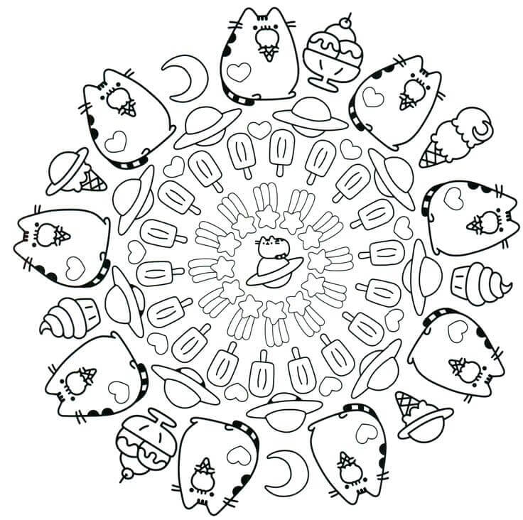Coloriage Mandala: Pusheen mange de la glace Mandalas