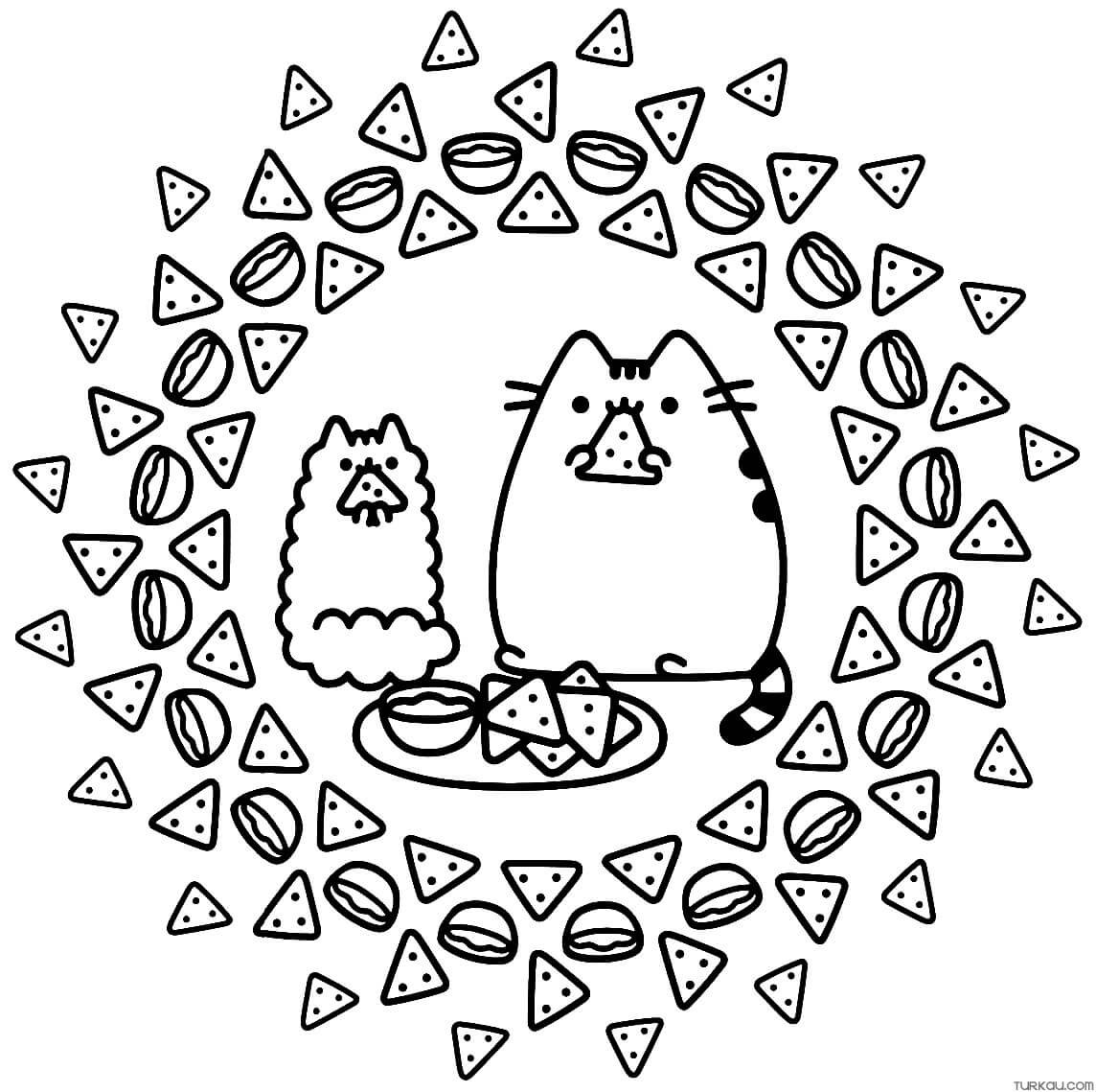 Coloriage Mandala: Pusheen mange des nachos Mandalas