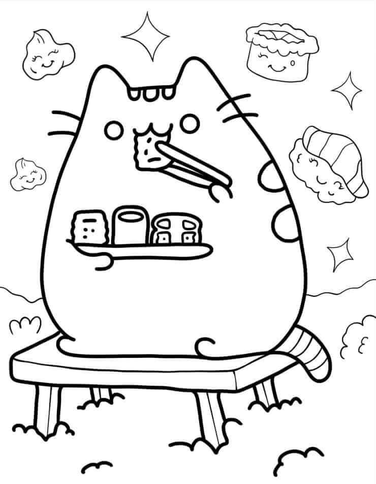 Coloriage Mandala: Pusheen mange des sushis Mandalas