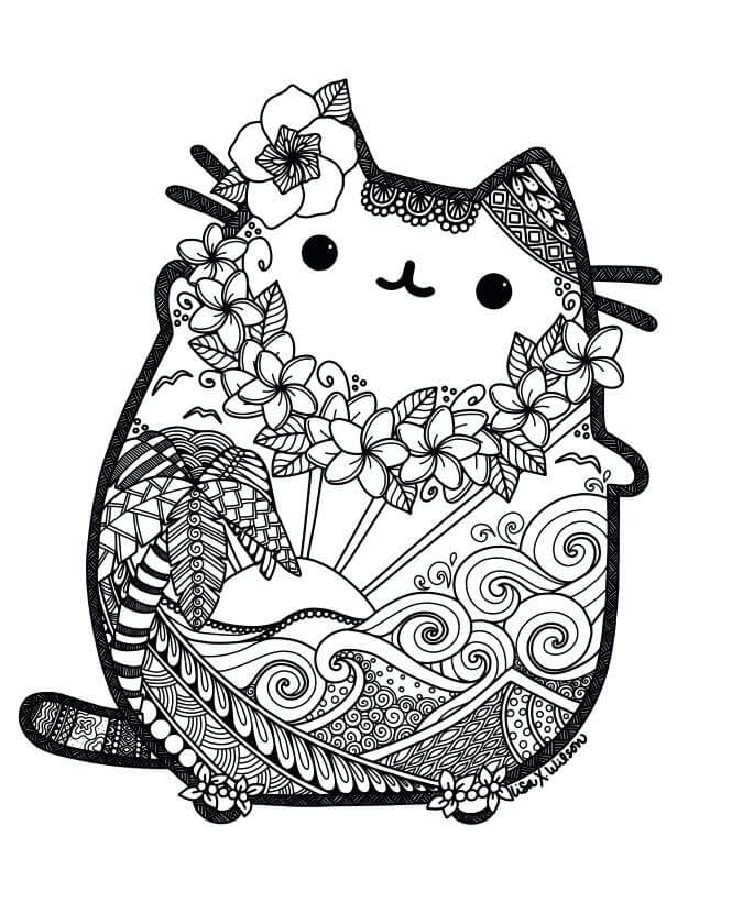 Coloriage Mandala: Pusheen mignon avec des fleurs Mandalas