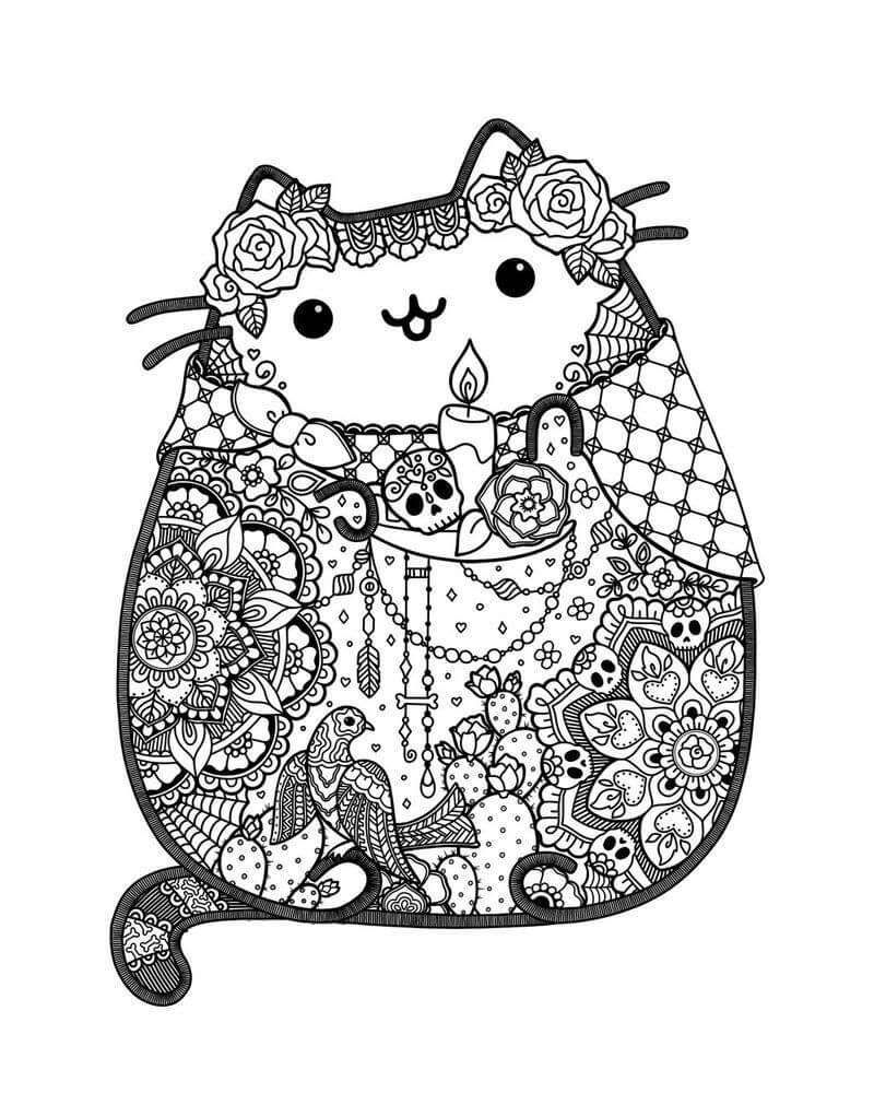 Coloriage Mandala: Pusheen tenant une bougie à Halloween Mandalas
