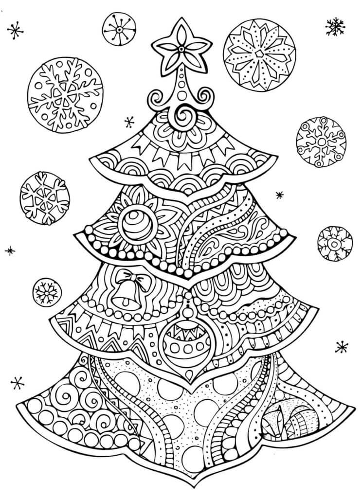 Coloriage Mandala: Sapin de Noël avec flocon de neige Mandalas