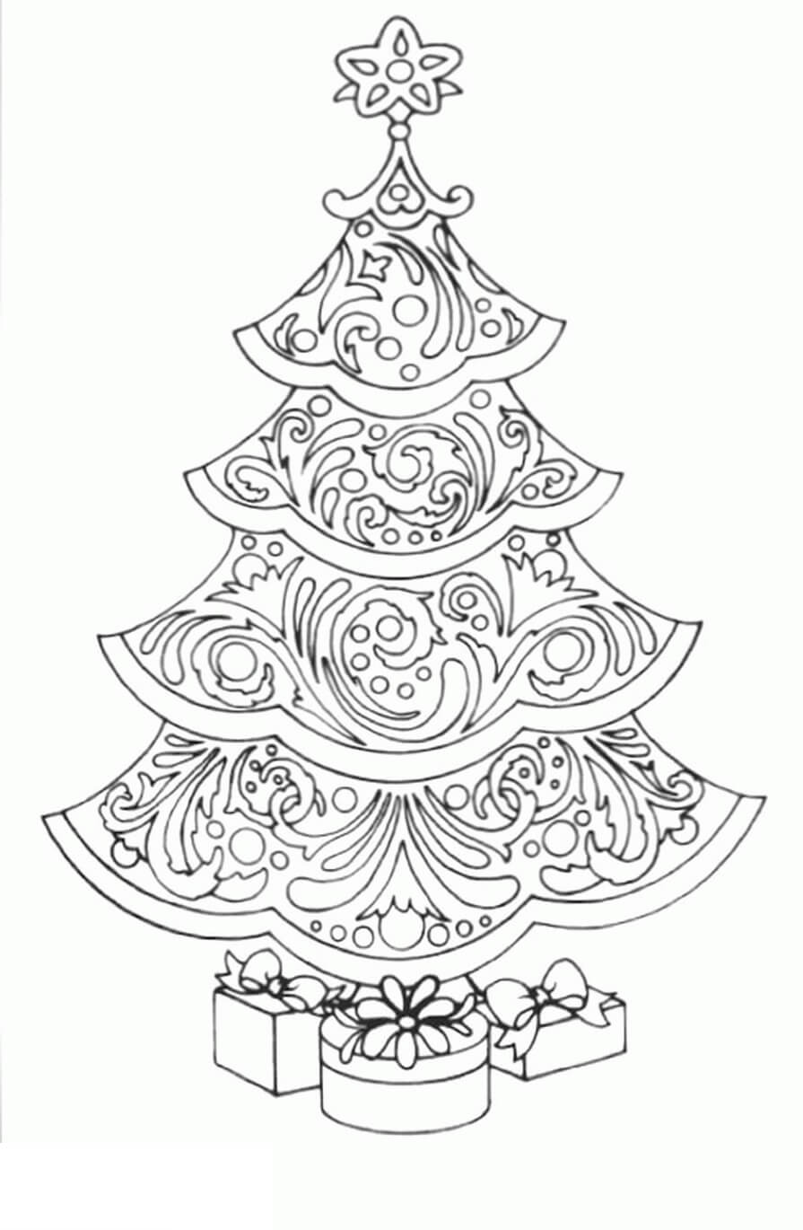 Coloriage Mandala: Sapin de Noël avec boîtes cadeaux Mandalas