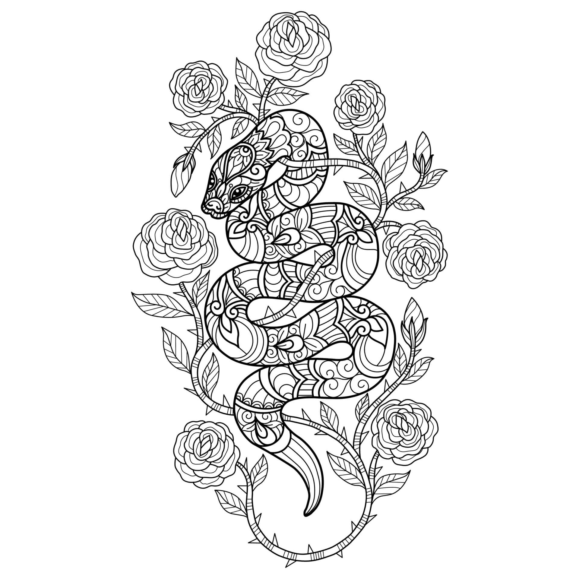 Coloriage Mandala: Serpent avec des roses Mandalas