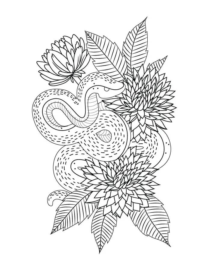 Coloriage Mandala: Serpent avec fleur et feuilles Mandalas