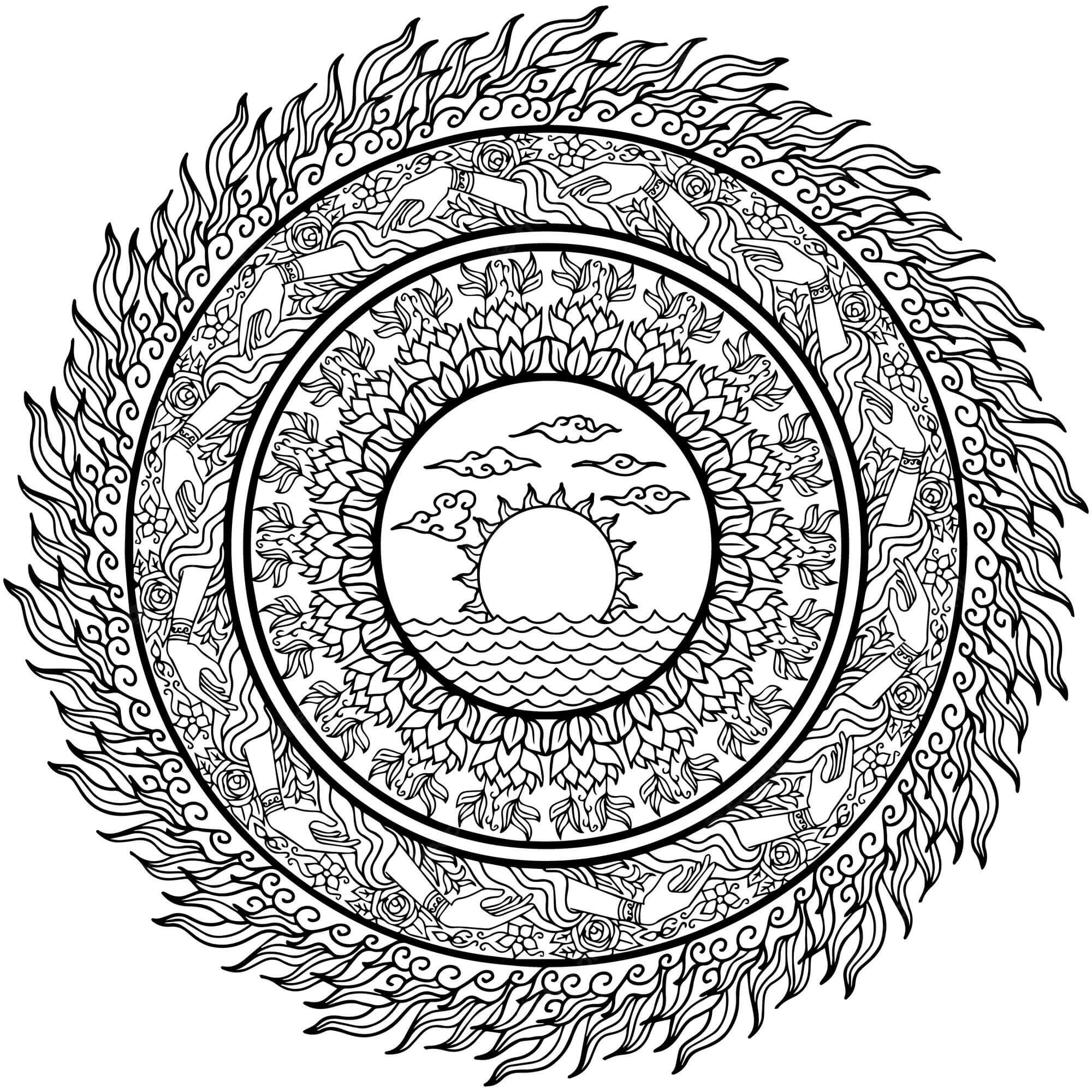 Coloriage Mandala: Soleil avec des nuages Mandalas