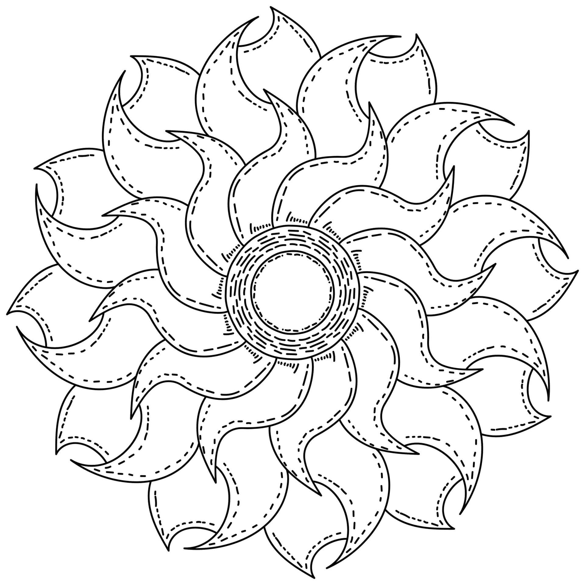 Coloriage Mandala: Soleil avec des rayons ombragés en trois couches Mandalas