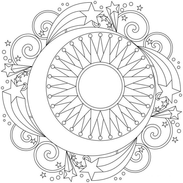 Coloriage Mandala: Soleil et lune avec des étoiles Mandalas