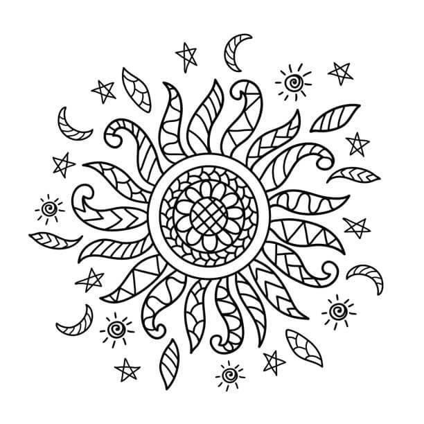 Coloriage Mandala: Soleil Feuille 5 Mandalas
