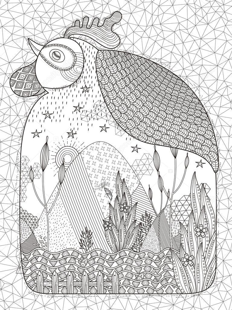 Coloriage Mandala: Coq avec un magnifique arrière-plan Mandalas