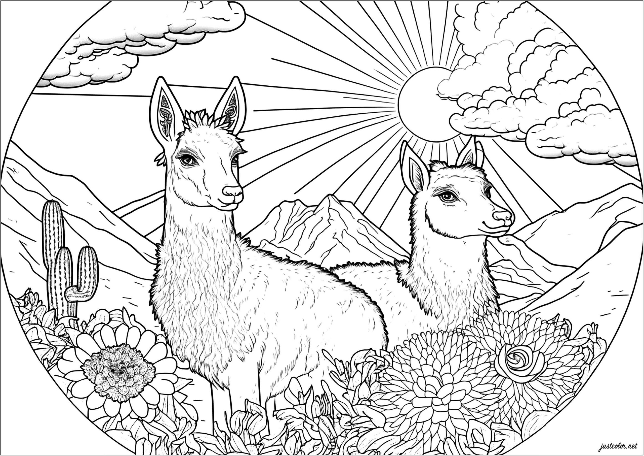 Coloriage Mandala: Deux Lamas Mandalas