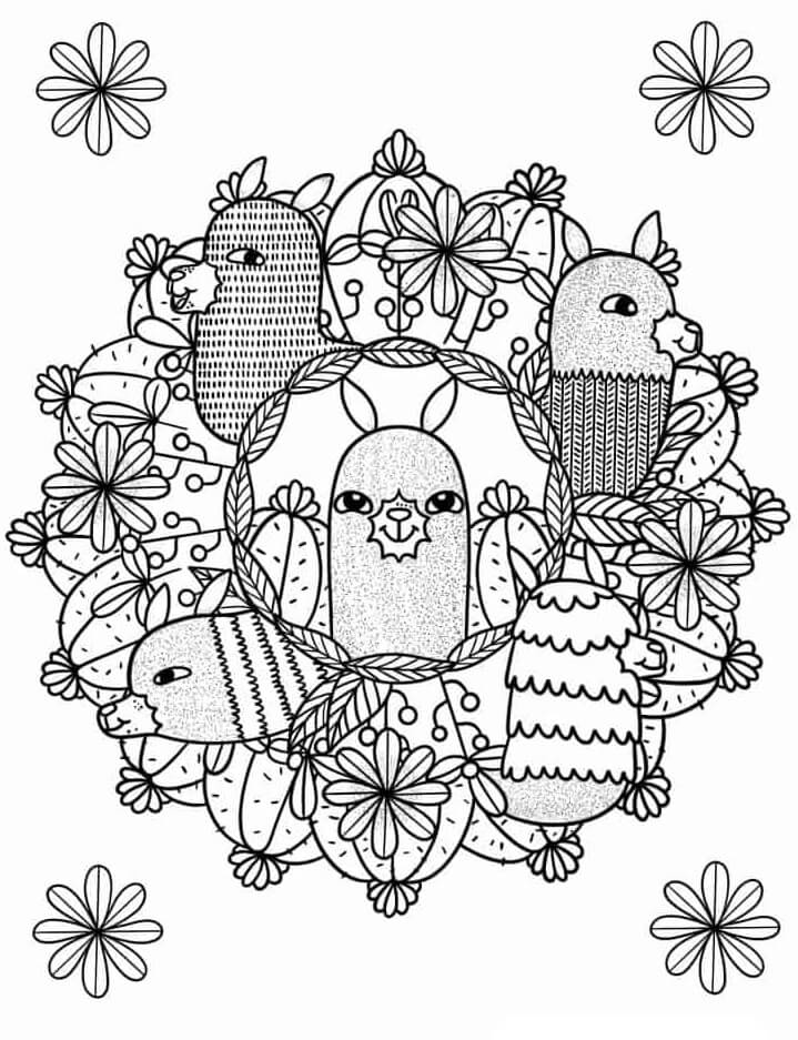 Coloriage Mandala: Lama avec ses amis Mandalas