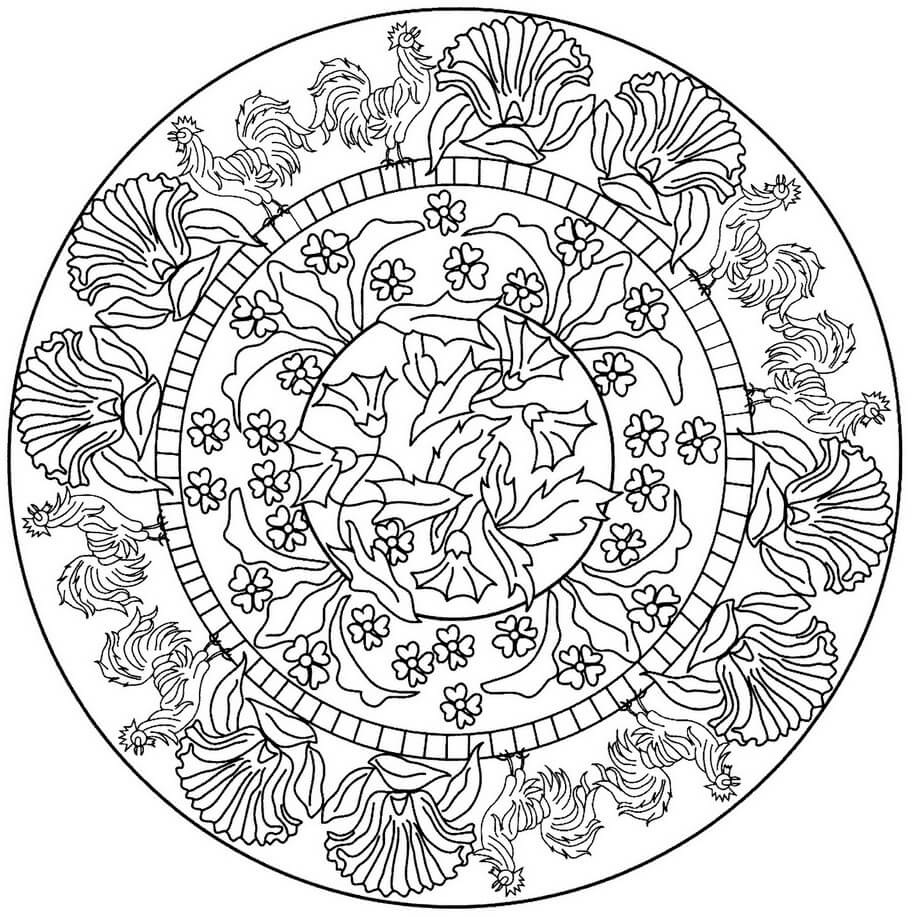 Coloriage Mandala: Motif coq Mandalas