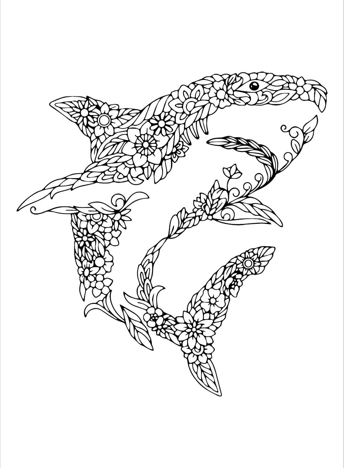 Coloriage Mandala: Requin avec des fleurs Mandalas