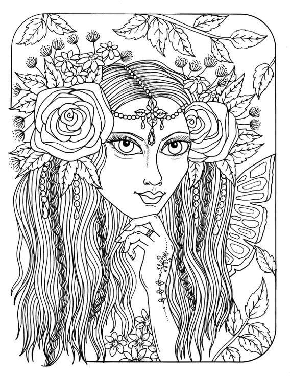 Coloriage Mandala: Cheveux ornés de fleurs et de feuilles Mandalas