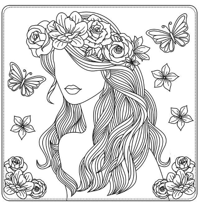 Coloriage Mandala: Cheveux ornés de papillons et de fleurs Mandalas