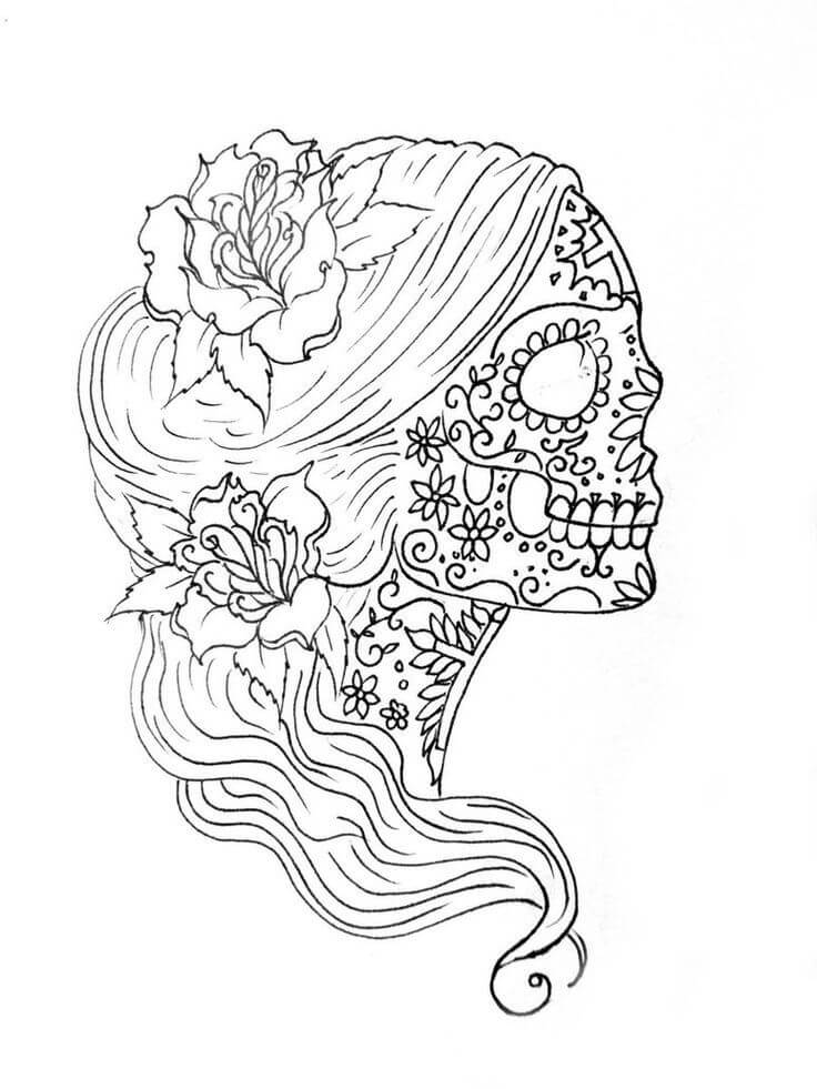 Coloriage Mandala: Crâne de fille avec des fleurs feuille 2 Mandalas