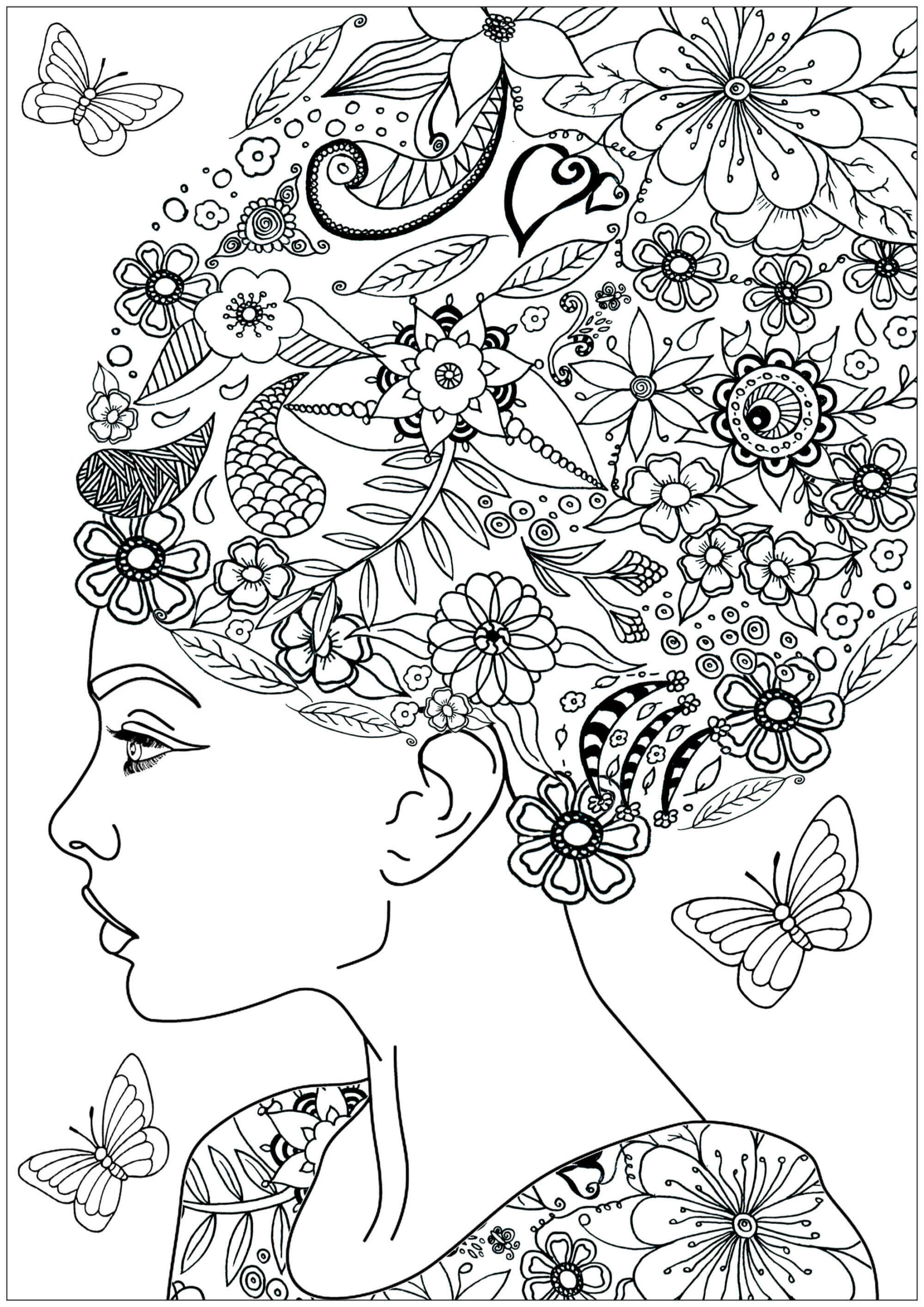 Coloriage Mandala: Femme aux cheveux fleuris Mandalas