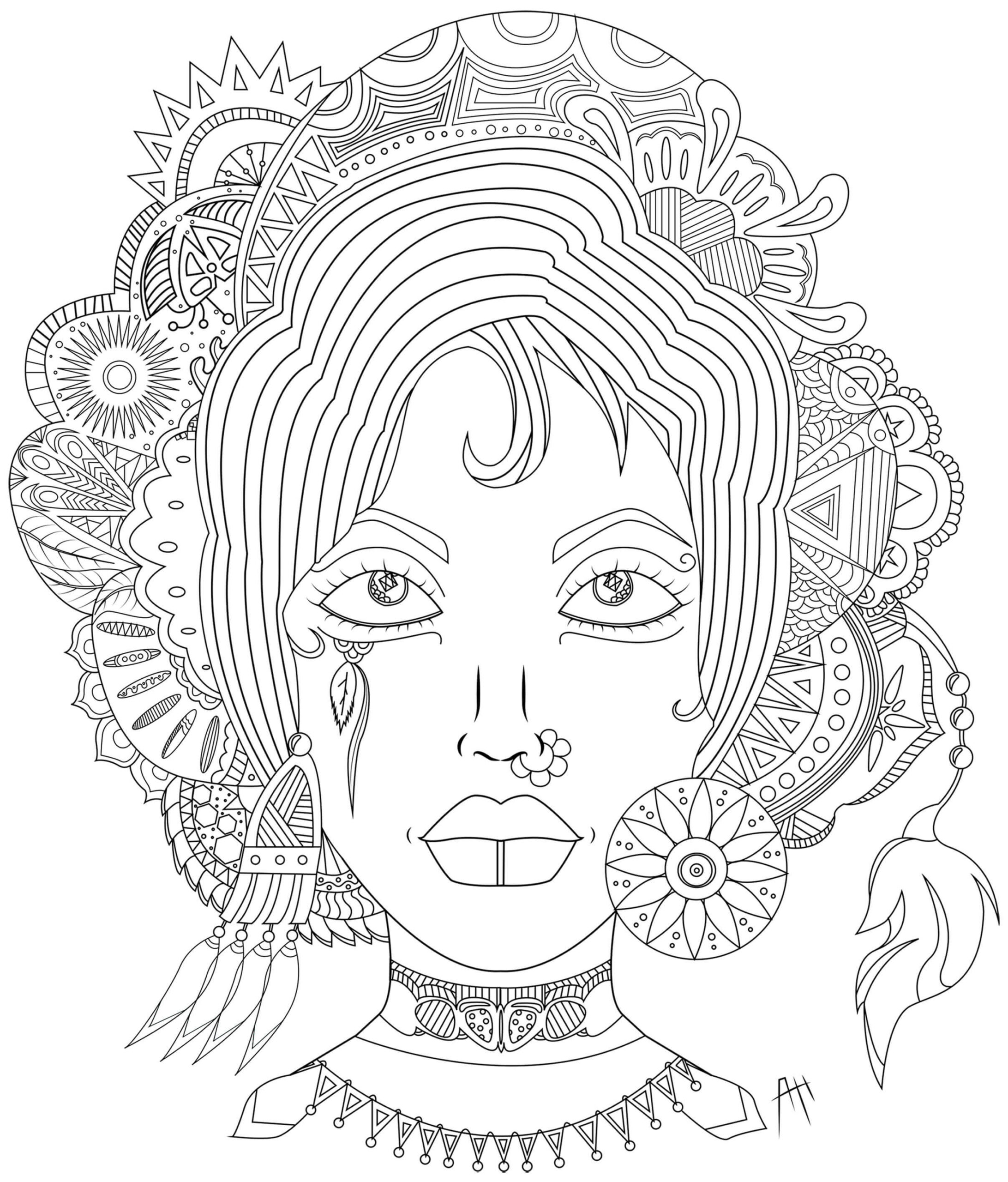 Coloriage Mandala: Femme aux cheveux stylisés Mandalas