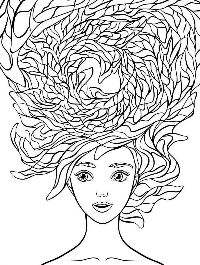 Coloriage Mandala: Fille amusante avec des cheveux Mandalas