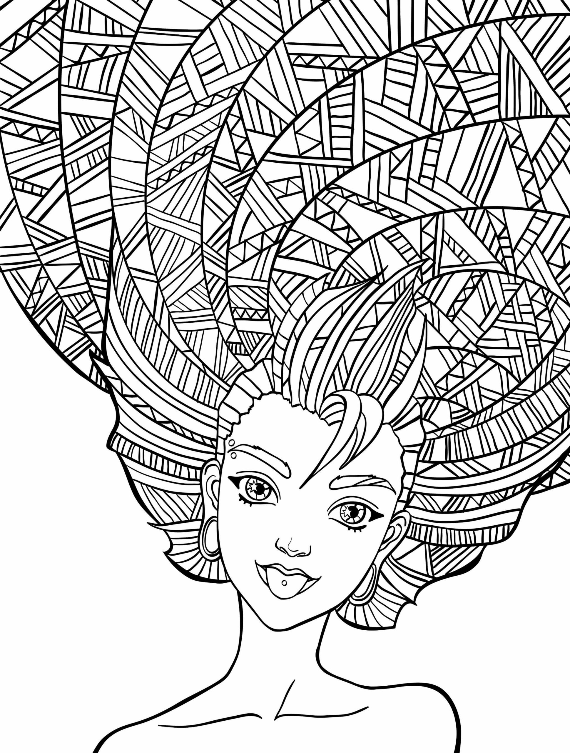 Coloriage Mandala: Fille drôle avec des cheveux Mandalas
