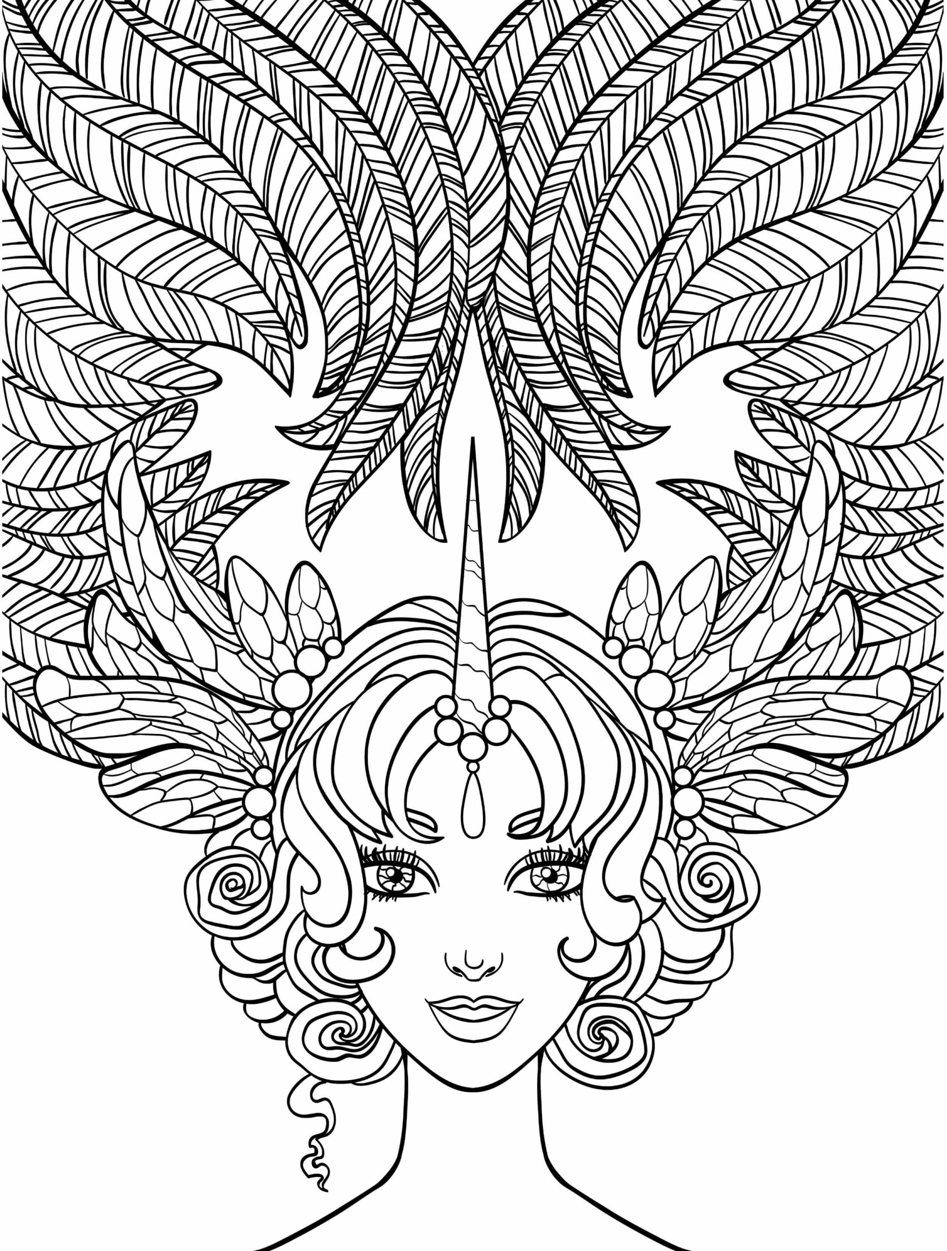 Coloriage Mandala: Fille souriante avec des cheveux Mandalas