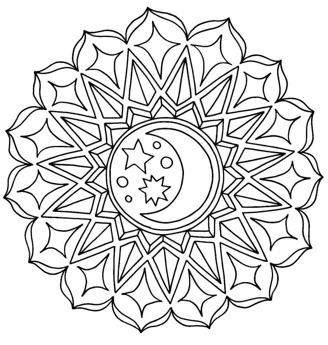 Coloriage Mandala: Fleur spatiale Lune Étoile Mandalas