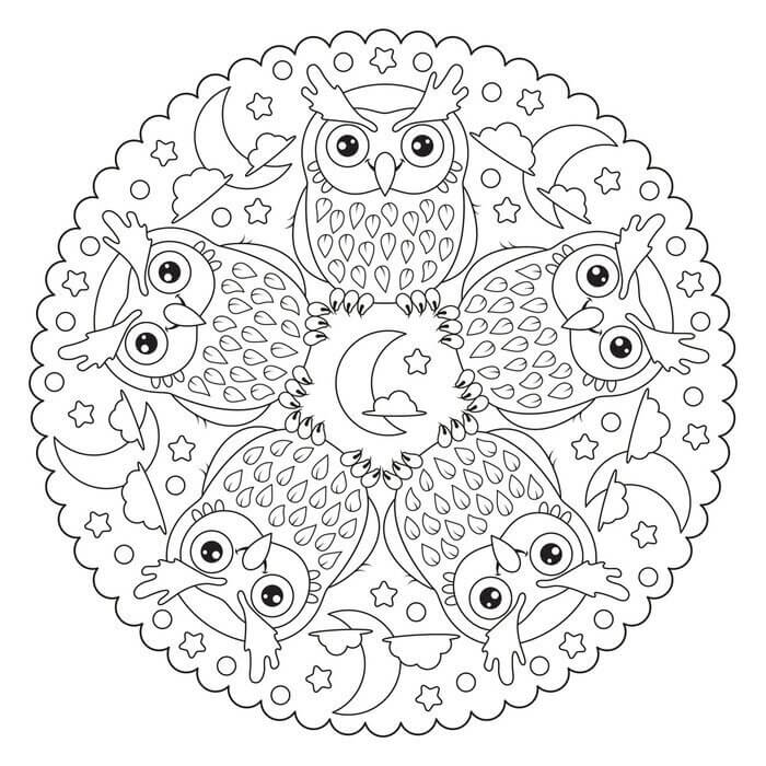 Coloriage Mandala: Hibou, Lune, Étoiles, Nuages Mandalas