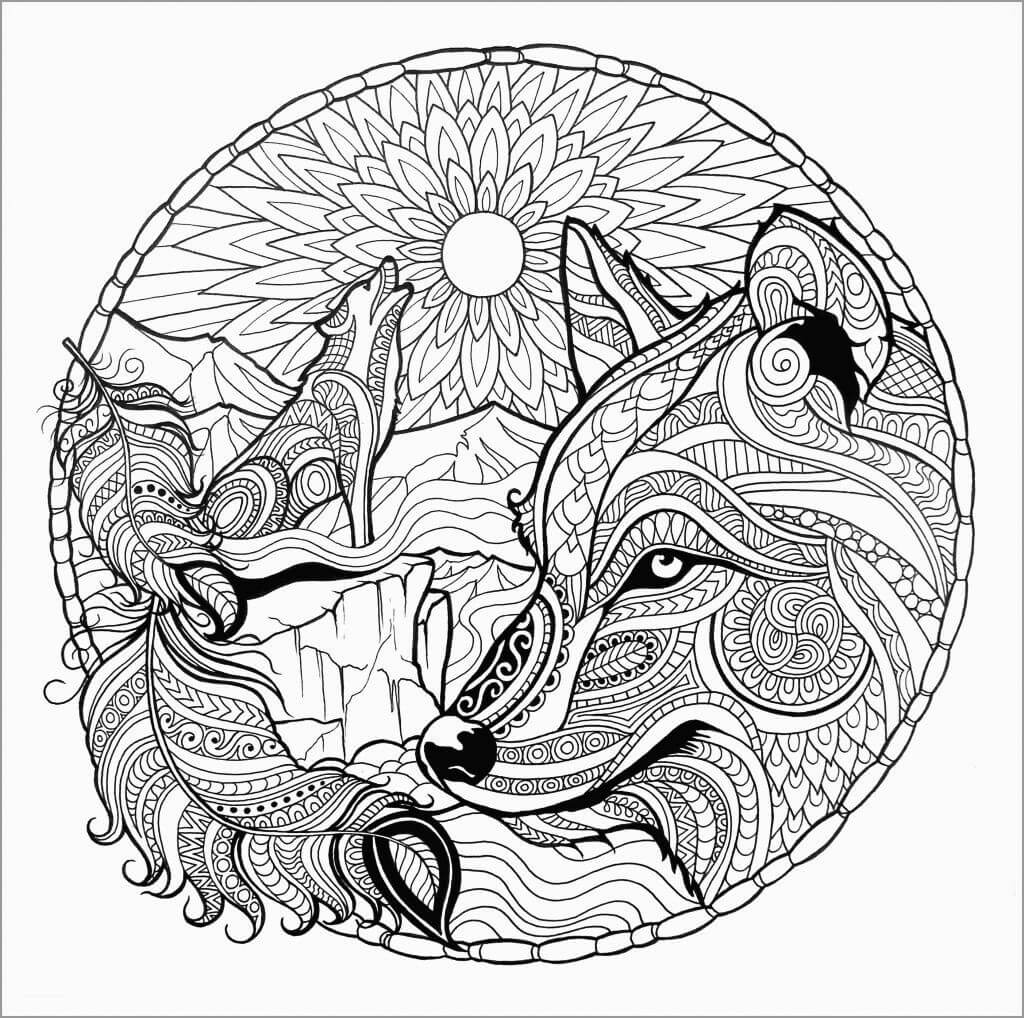 Coloriage Mandala: Loup hurlant et Lune Mandalas
