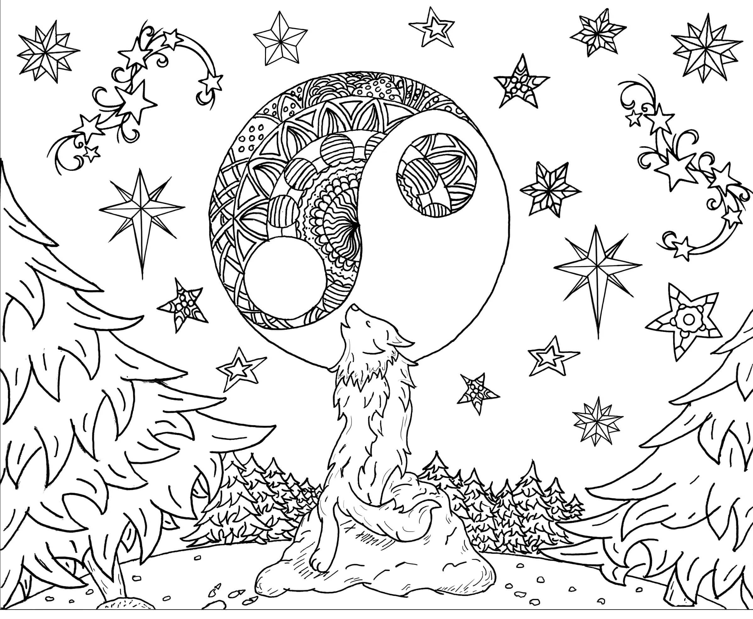 Coloriage Mandala: Loup sous la lune Mandalas