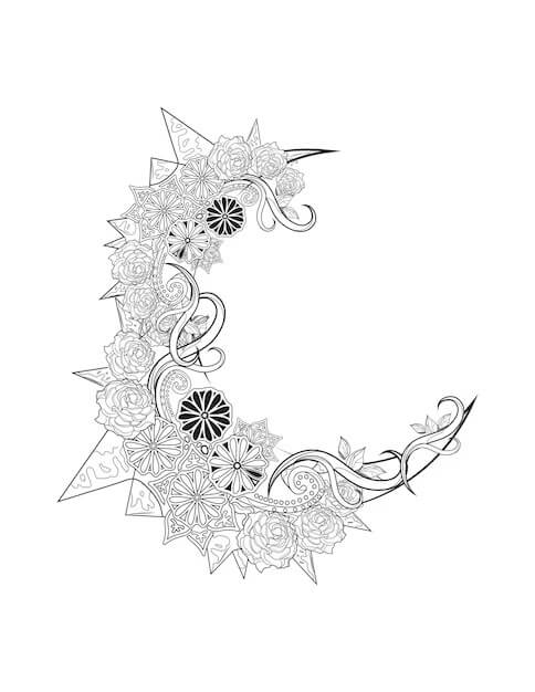 Coloriage Mandala: Lune avec des fleurs Mandalas