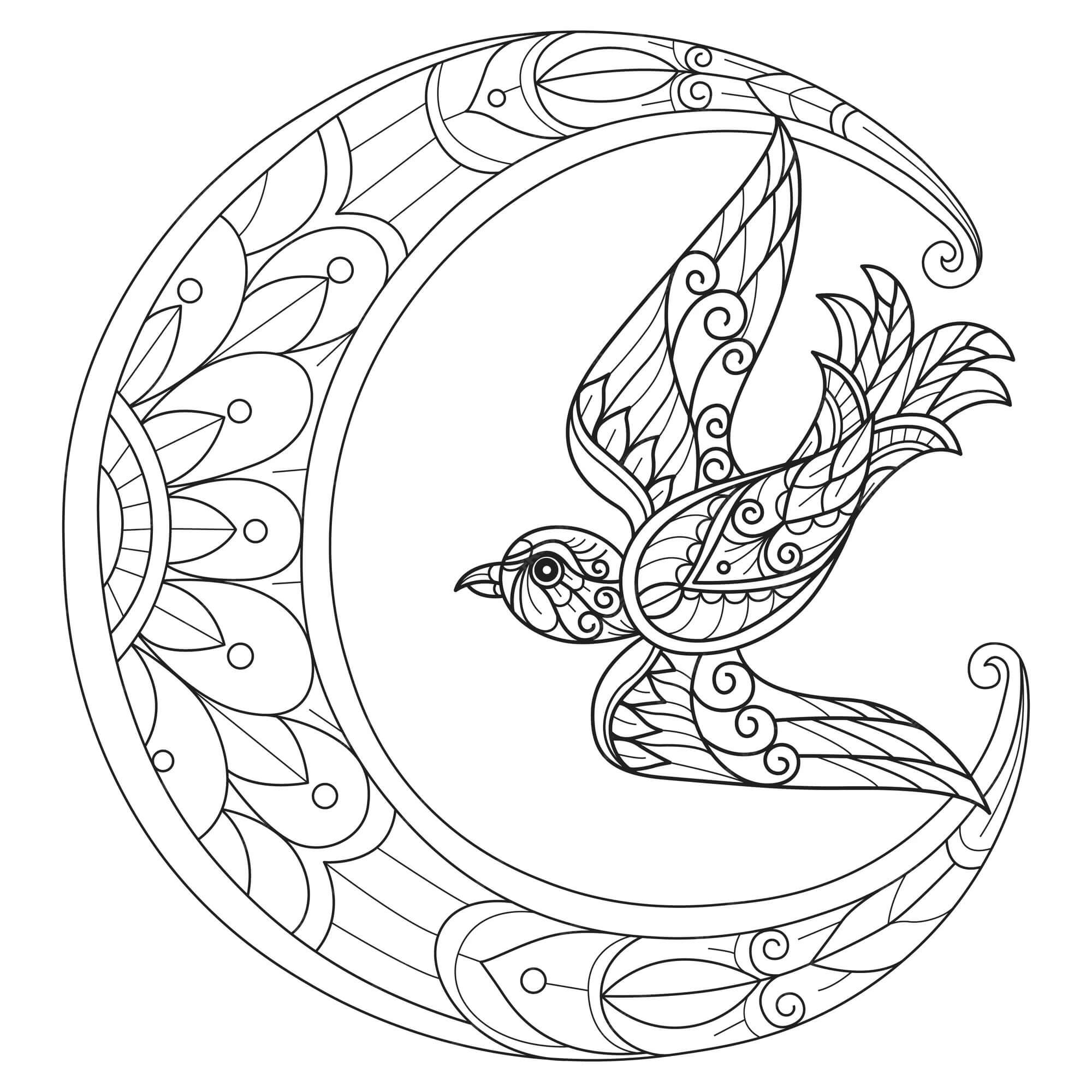 Coloriage Mandala: Lune avec oiseau Mandalas