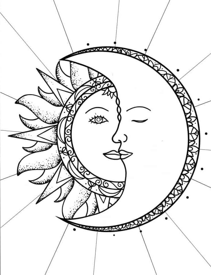 Coloriage Mandala: Soleil et croissant de lune Mandalas