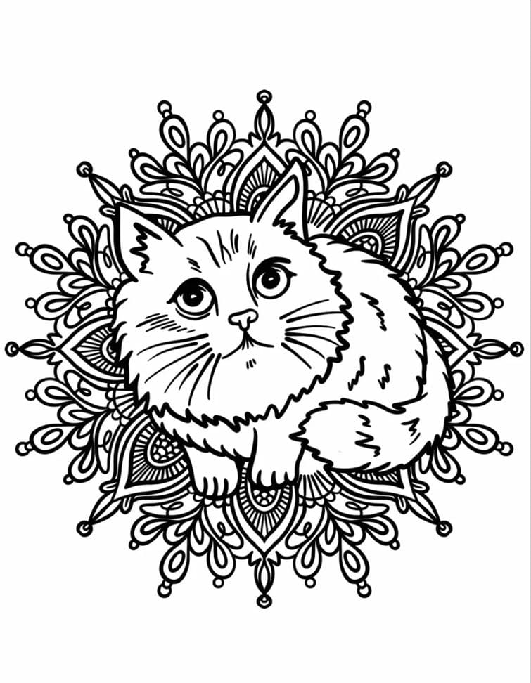 Coloriage Madala: Chat poilu Mandalas