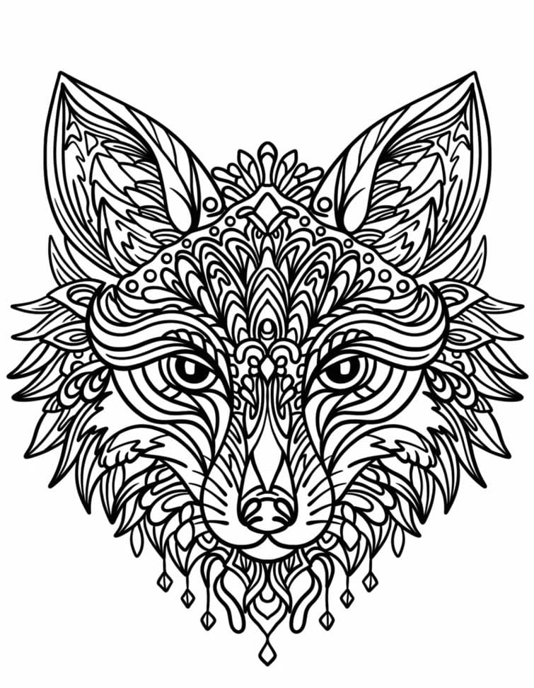 Coloriage Madala: Tête de Loup Mandalas