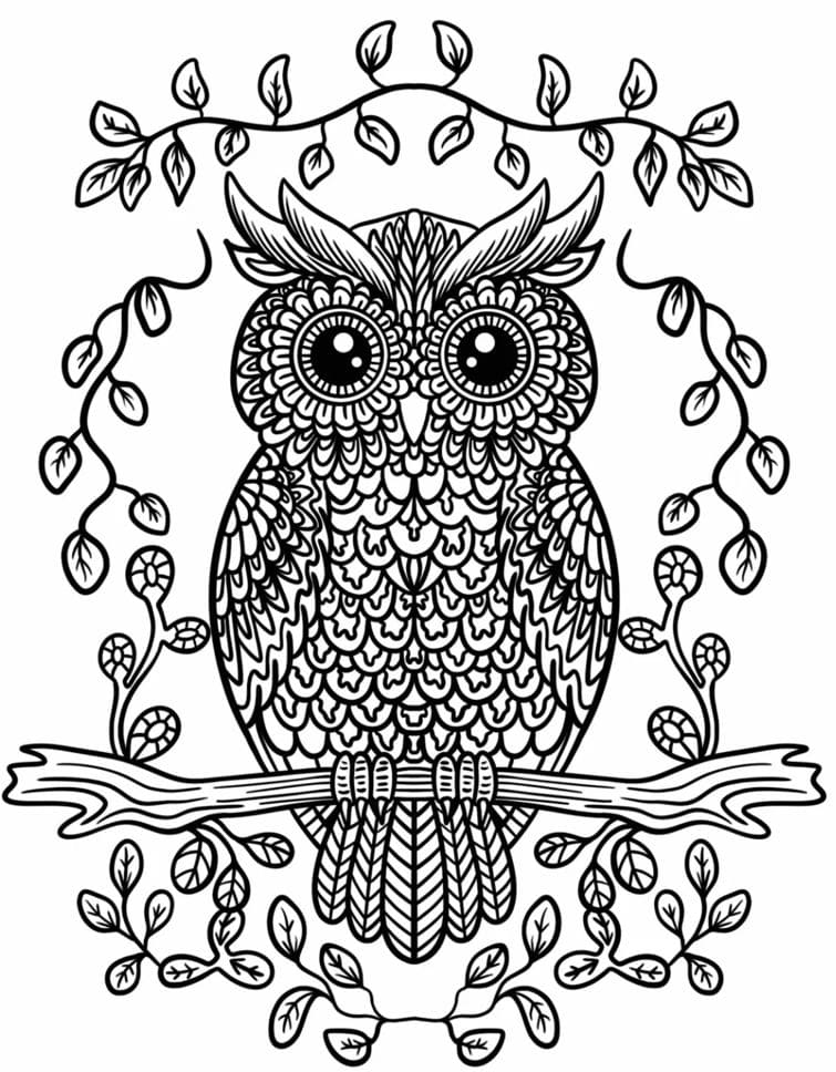 Coloriage Madala: Une chouette perchée sur un arbre Mandalas