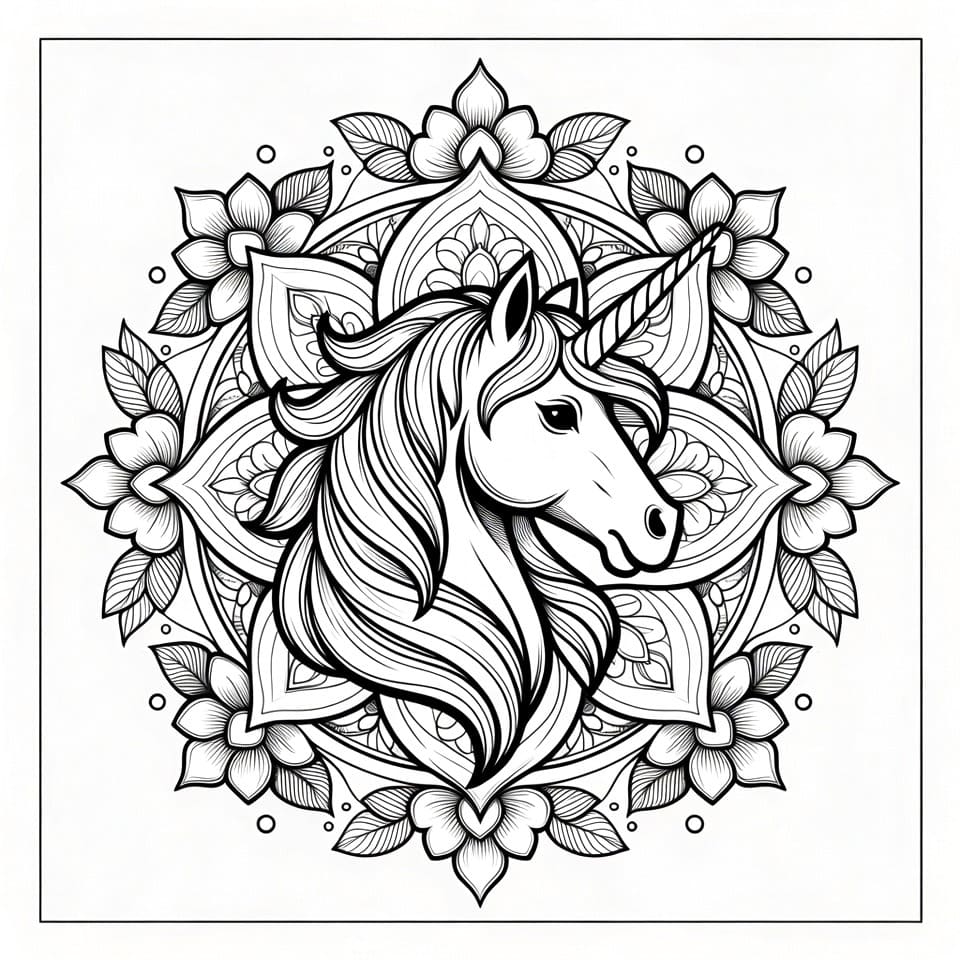 Coloriage Mandala: Licorne avec des fleurs Mandalas