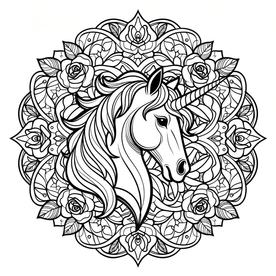 Coloriage Mandala: Licorne avec des roses Mandalas