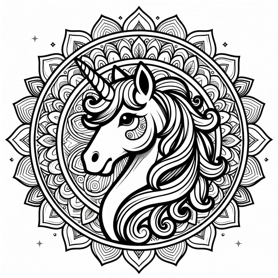 Coloriage Mandala: Licorne courageuse Mandalas