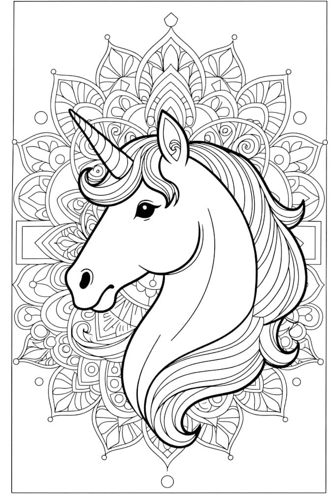 Coloriage Mandala: Licorne à motifs géométriques Mandalas
