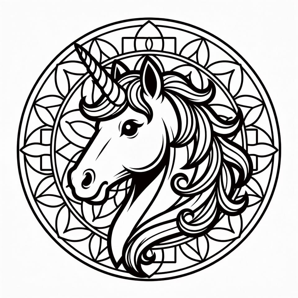 Coloriage Mandala: Licorne puissante Mandalas